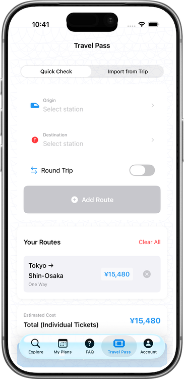 JT Planner JR Pass calculator showing route comparison and savings